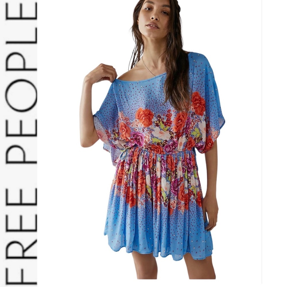NWOT Free People Botanical Borders Mini Dress Blue small - Picture 1 of 13